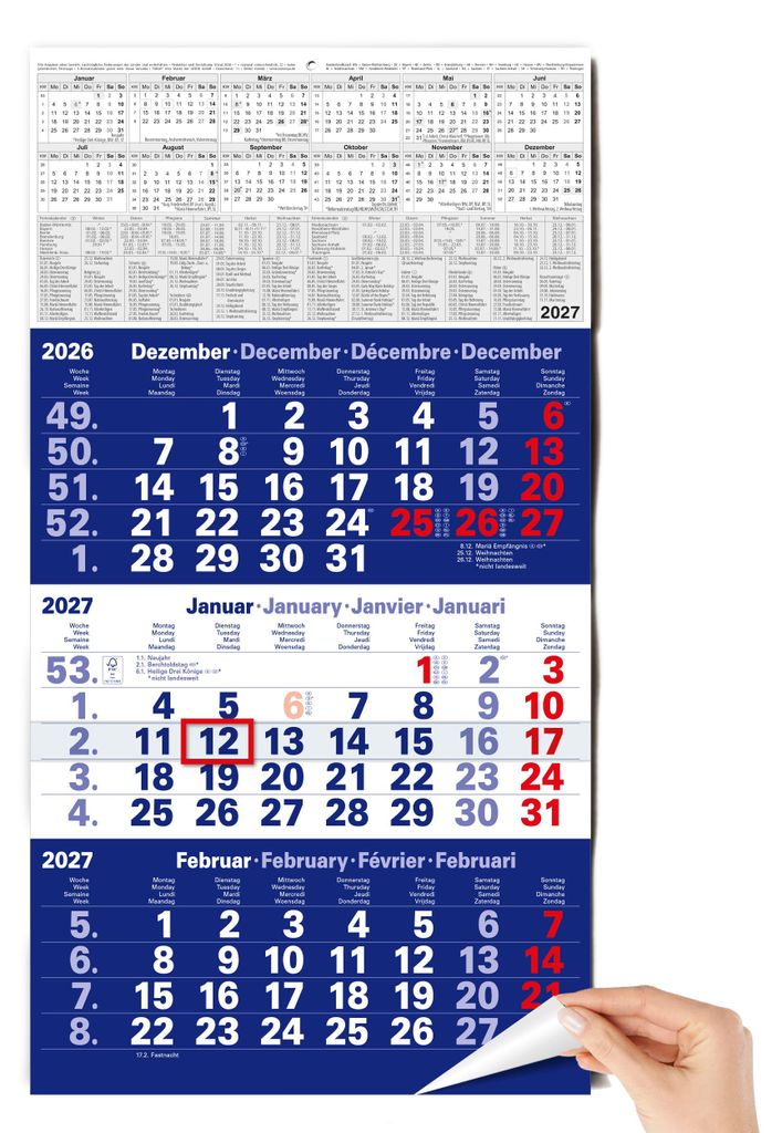 3 Monatskalender 2027 Wandkalender Blau Datumsschieber Produktbild 