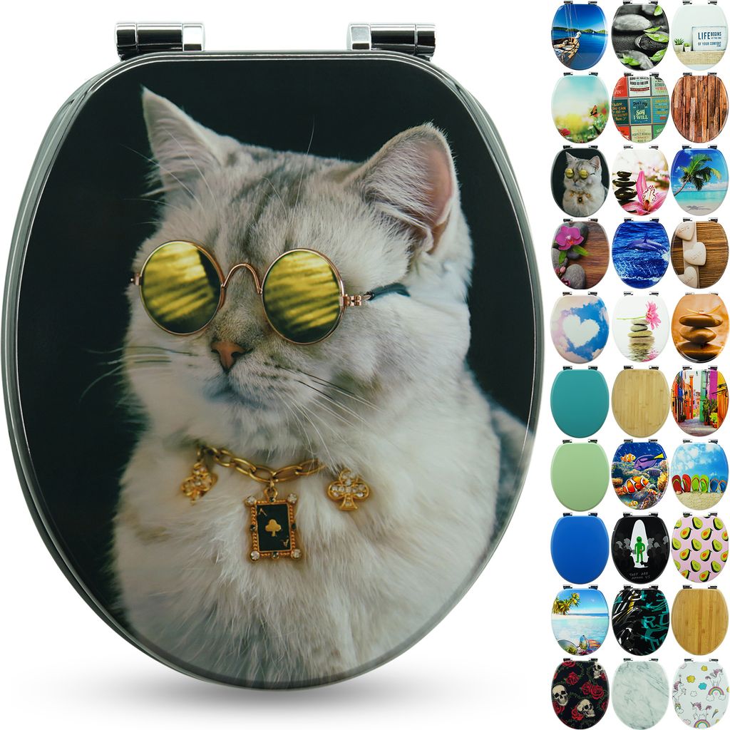 Sanfino Premium WC Sitz "Boss Cat" hochwertiger Toilettendeckel mit Absenkautomatik aus Holz, viele bunte Motive, einfache Montage