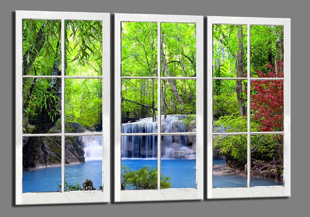 4404 Fensterblick Wasserfall Leinwandbild 120x80 cm