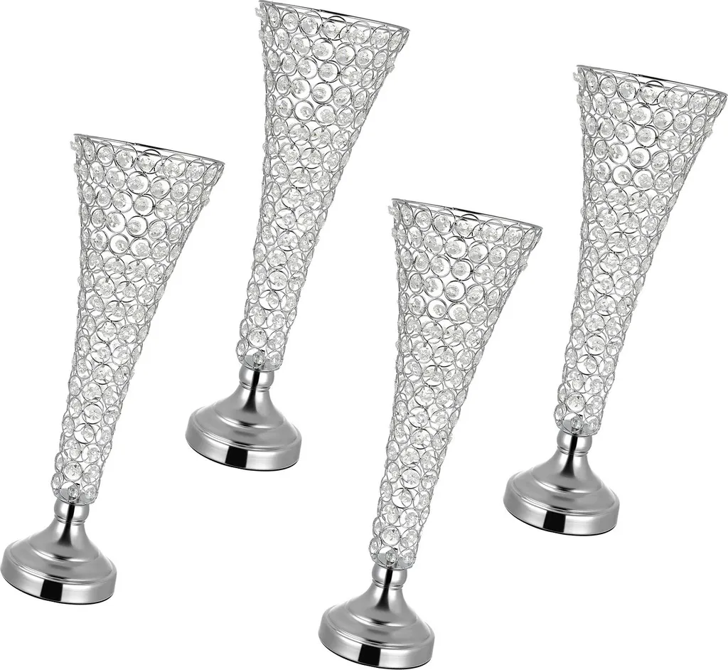 Grand Vase en Métal Argenté 51 cm avec Perles de Cristal Scintillantes