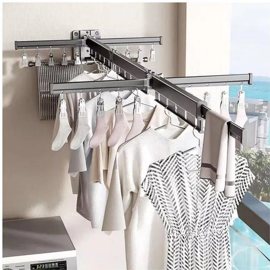 Organisateur de vêtements mural pliable, portant rotatif gris gain place