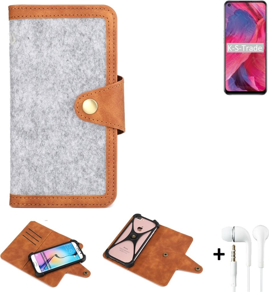 K-S-Trade Handyhülle + Kopfhörer kompatibel mit Oppo A74 5G Schutzhülle Filz Hülle Kunstleder hellgrau braun (1x)