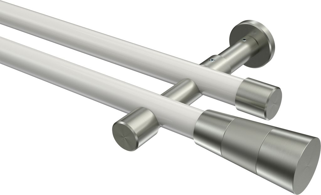 Interdeco Gardinenstange / Vorhangstange Weiß / Edelstahl-Optik, Typ Prestige Tanara (Konus Bicolor) ohne Ringe, 20 mm Ø 2-läufig, 400 cm