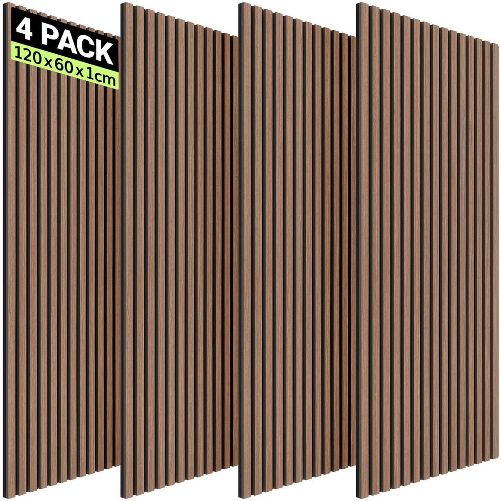 4 Stück 120 x 60 cm große Akustik-Holzpaneele, 2,88 m² Wandpaneele, Wandpaneele aus Holz, Wandverkleidung für Wohnzimmer, Büro, Küche, Nussbaum