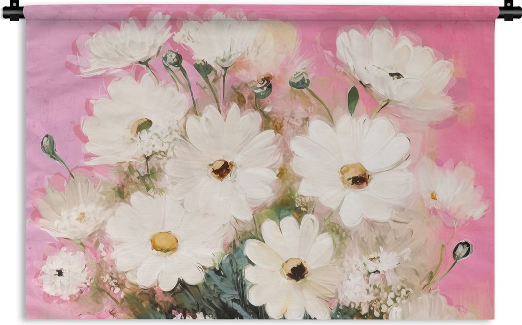 MuchoWow Wandteppich Wandbehang Blumen - Vase - Pflanzen - Weiß 90x60 cm Tapisserie Dekoration Wandtuch - Wandskulpturen - Bildteppich