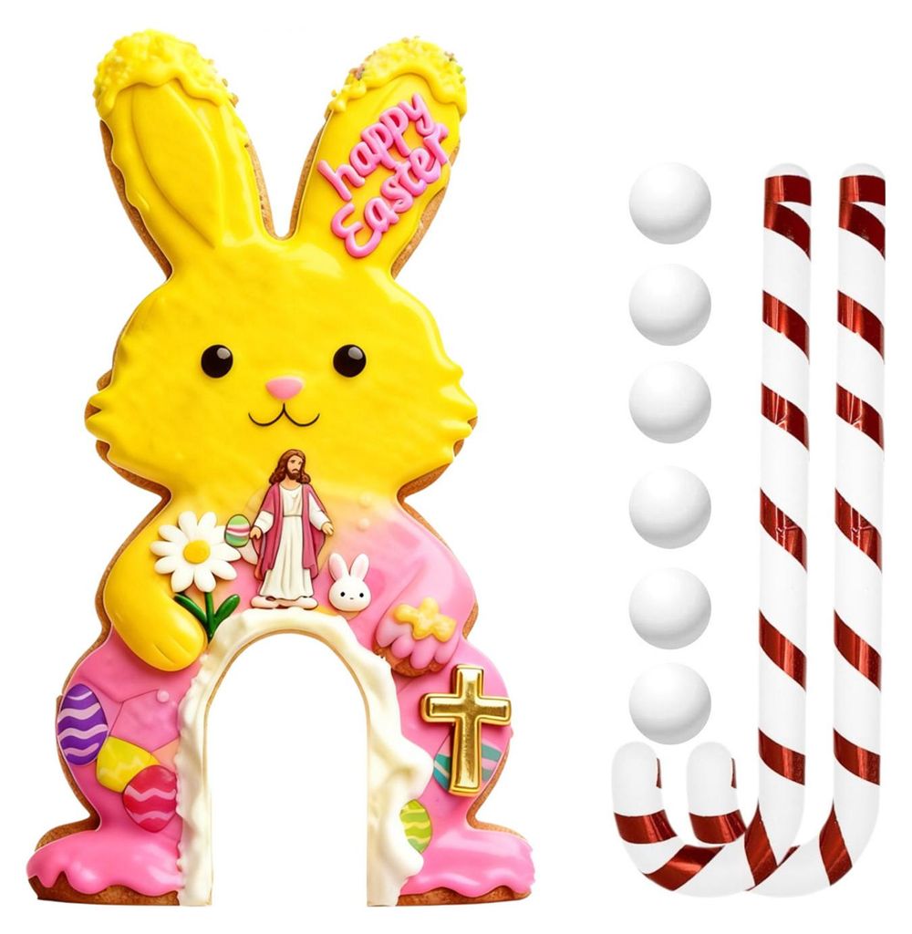 Osterhasen-Golfspiel-Set: Minigolfanlage aus Holz mit Zuckerstangen-Putter und Bällen für die Osterfeier im Haus
