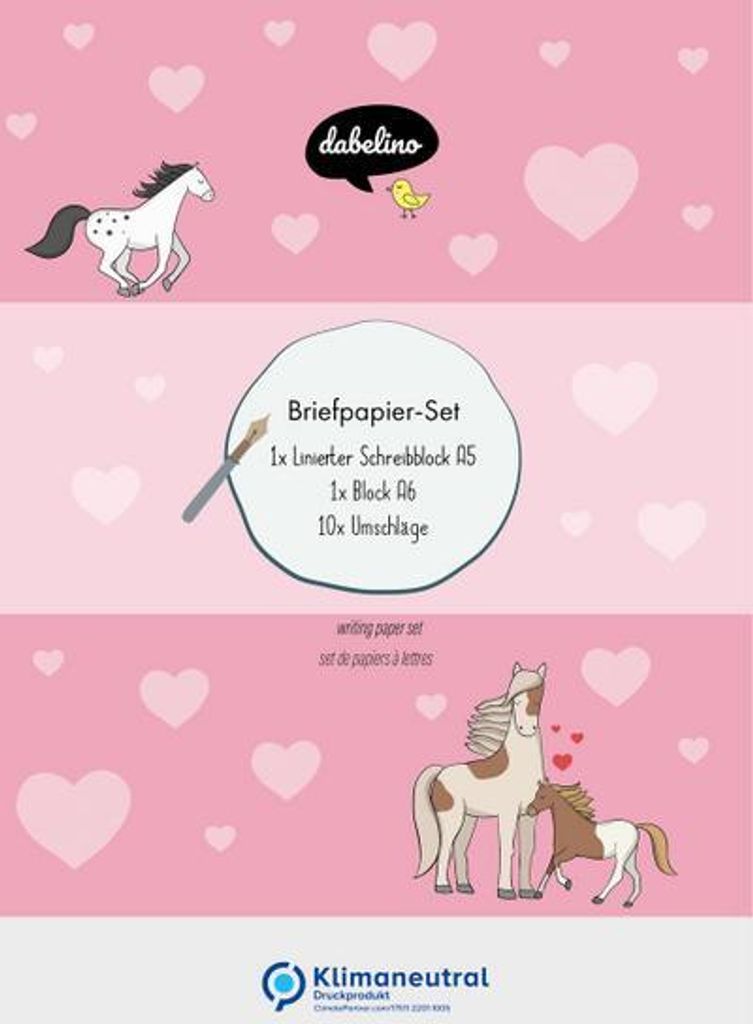 Liniertes Briefpapier-Set für Kinder: Pferde/ Ponys (rosa mit Herzen, Mädchen)
