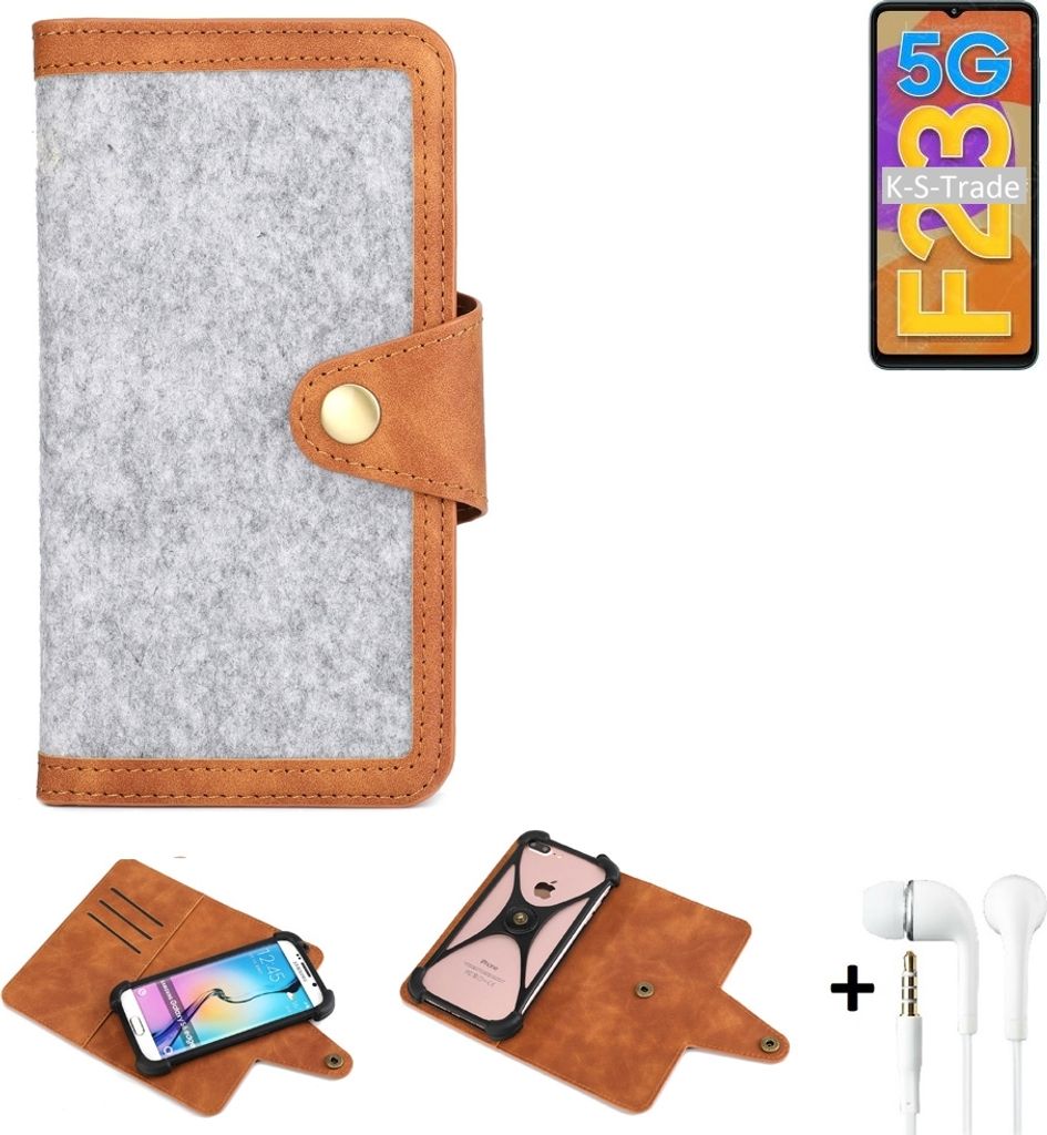 K-S-Trade Handyhülle + Kopfhörer kompatibel mit Samsung Galaxy F23 5G Schutzhülle Filz Hülle Kunstleder hellgrau braun (1x)