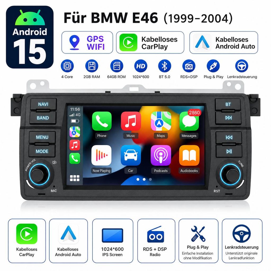 2+64G 7" Android 15 Carplay Autorádio pro BMW řady 3 E46 M3 Obrázek produktu  Obrázek vytvořený pomocí AI