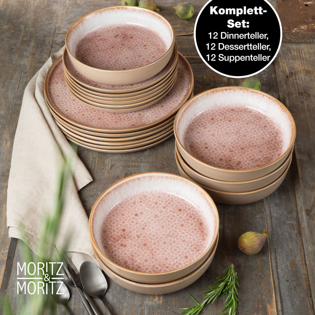 Moritz & Moritz 36-teiliges Steinzeug-Geschirrset – Für 12 Personen, Mit Reaktiver Glasur, Grün-braun, Spülmaschinen- & Ofenfest Steinzeug Geschirr