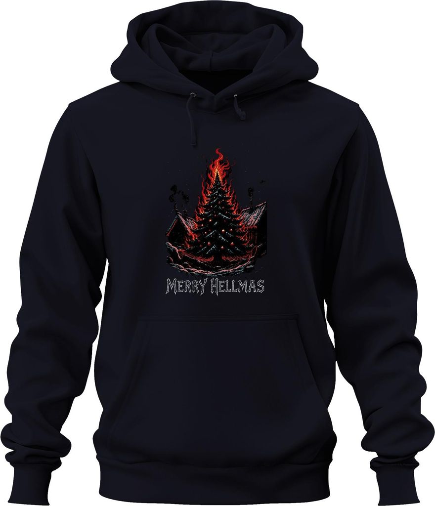 Merry Hellmas brennender Weihnachtsbaum Feuer düster Gothic Uni Hoodie Kapuzenpullover, Navy, S