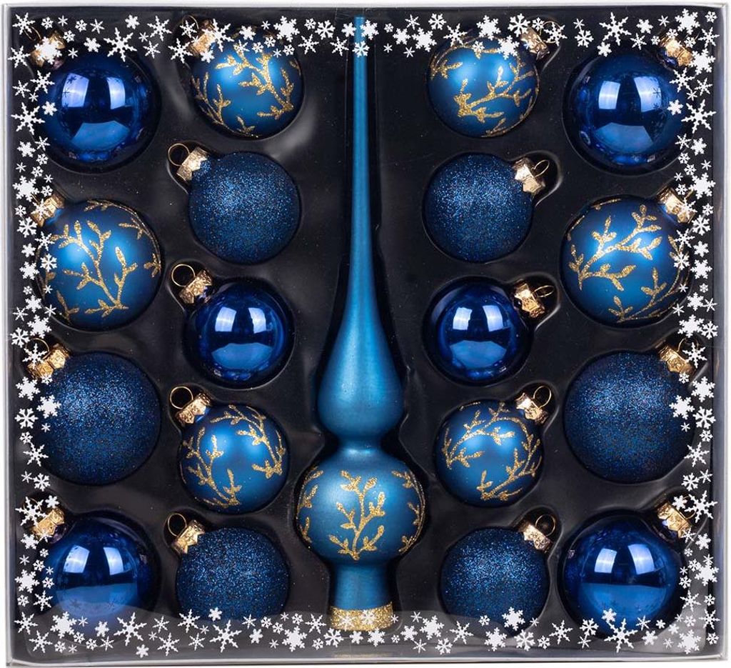 A set of blue Christmas ornaments and a tree topper in a box.