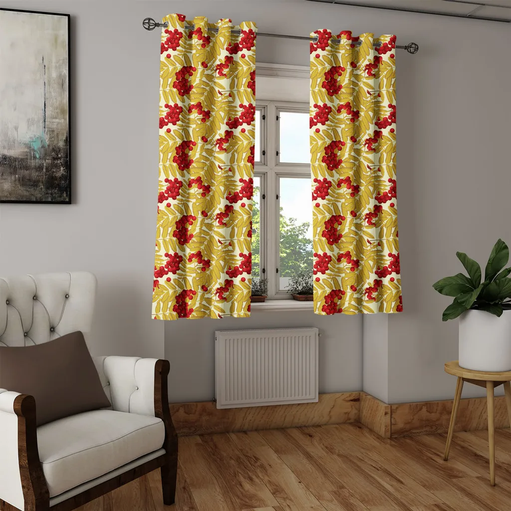 Paire de rideaux décoratifs nature 280x245 cm motif baies et feuilles