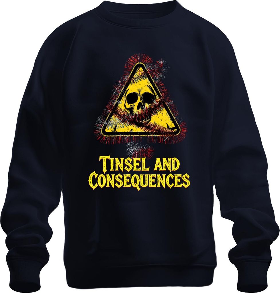 Tinsel and Consequences Totenkopf Lametta Warnschild Weihnachten Uni Sweatshirt Pullover, Navy, S