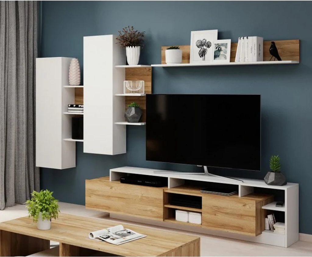 Moderne Wohnwand MALVA, Wohnzimmermöbel-Set, Schrankwand, Stilvoll Anbauwand, Farbe: Weiß/Grandson