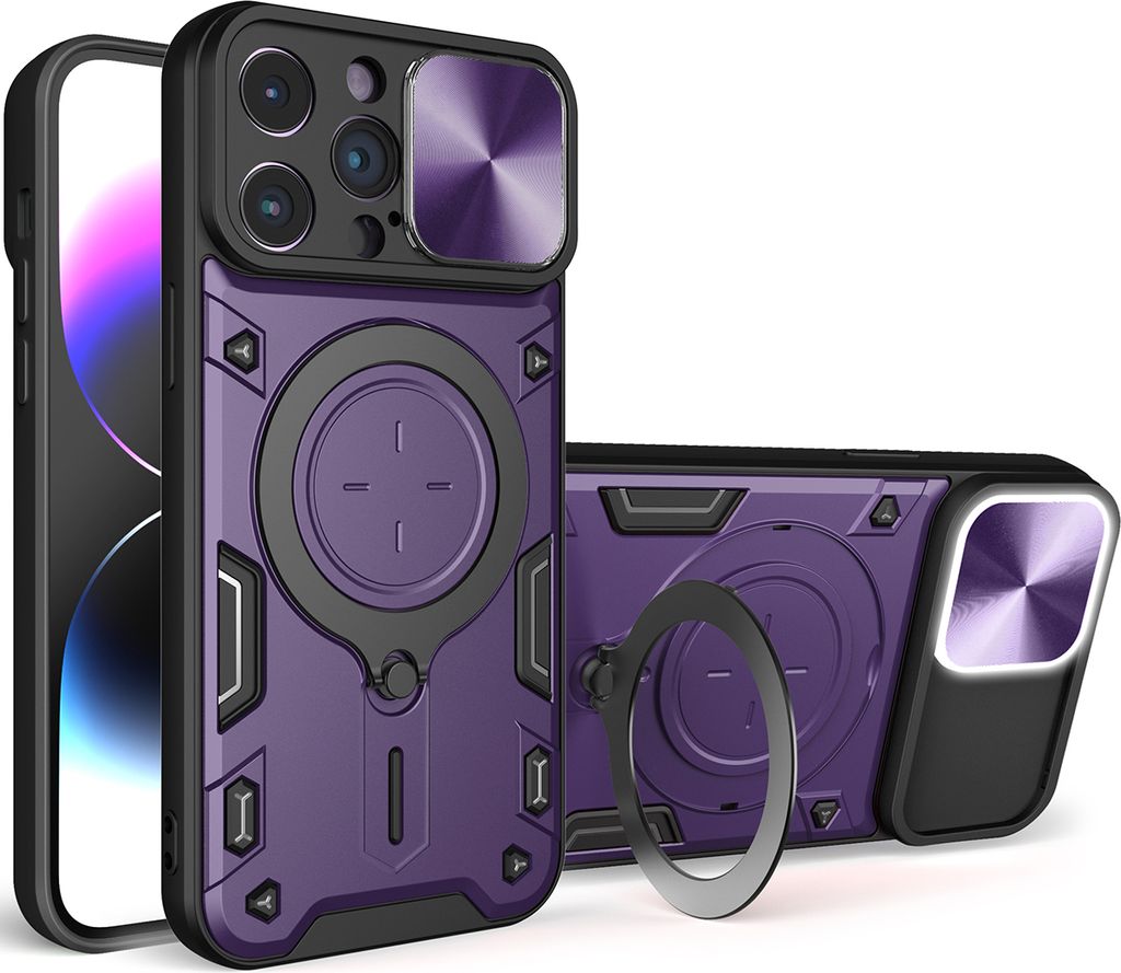 Handyhülle für iPhone 15 Pro Max Dual-Layer Stoßfest Rüstung Hülle mit Dia Kameraschutz und Kreisförmig Ring Ständer Lila