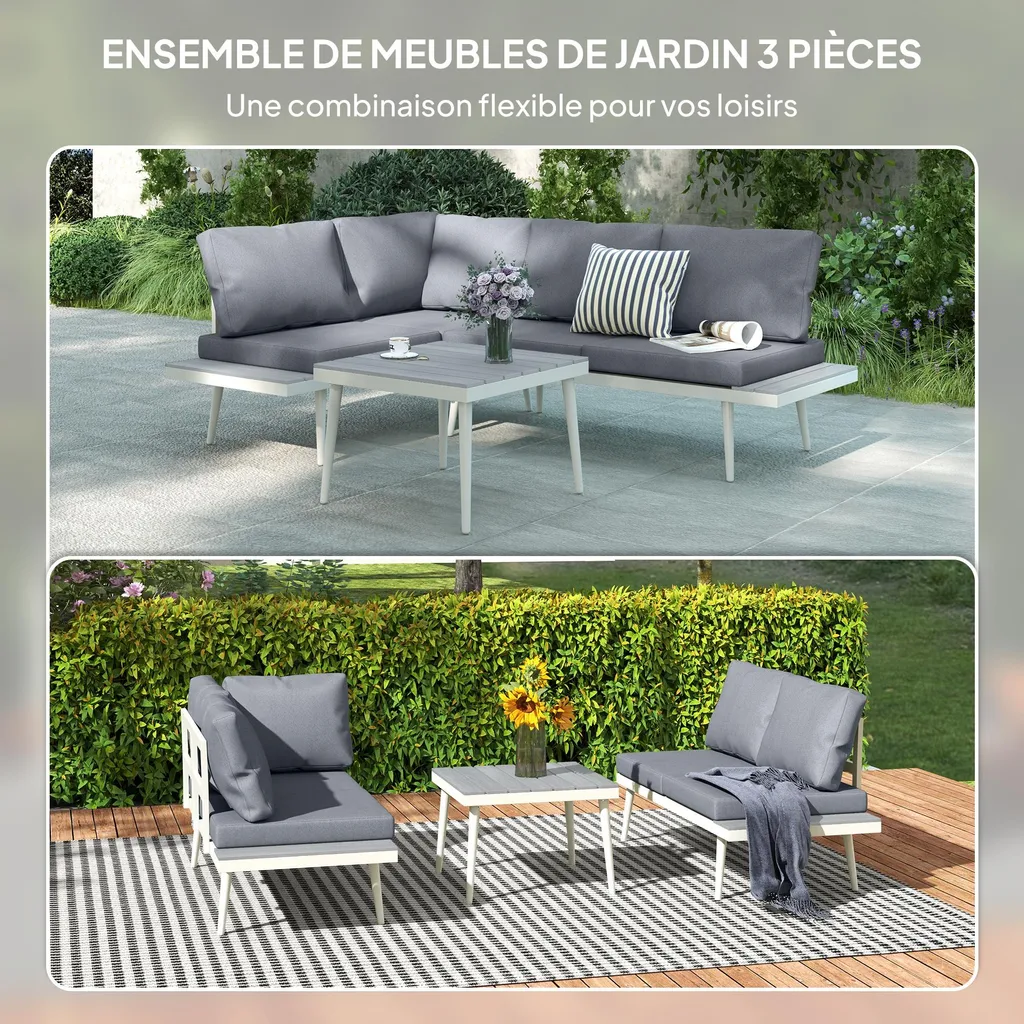 Outsunny Salon de Jardin d'Angle Modulable 3pcs - Gris, Canapé & Table - 3