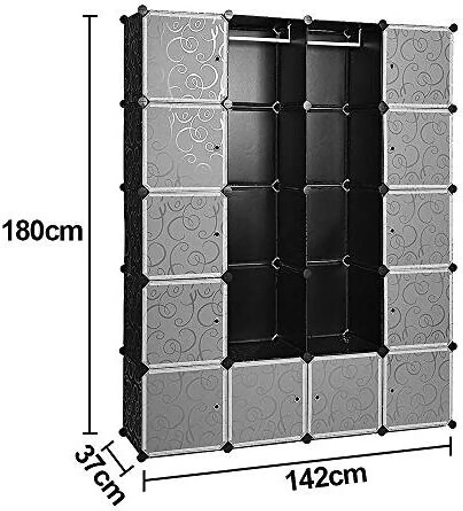 Clanmacy 20 cubi armadio fai da te sistema di scaffalatura armadio guardaroba armadi aperti in plastica con ante armadio nero 180 * 142 * 37CM - 5