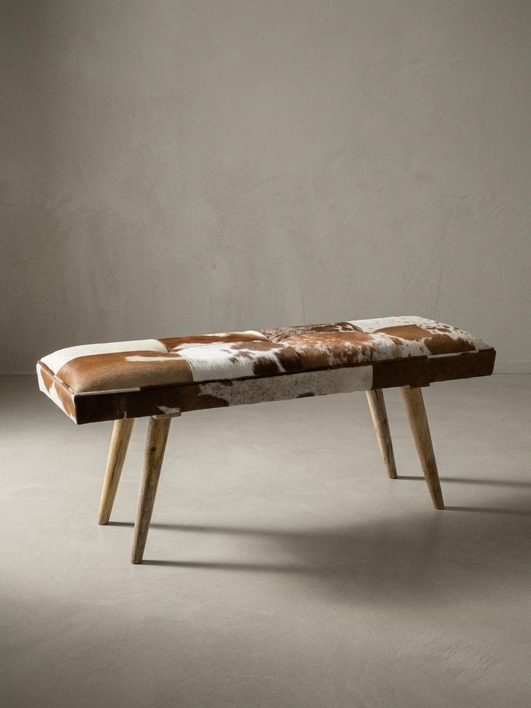 Sitzbank Ziegenfell / Massivholz Bank 120 x 40 x 52 cm, Polsterbank Flur Esszimmer Braun, Kleine Bettbank Fell, Dielenmöbel Flurbank