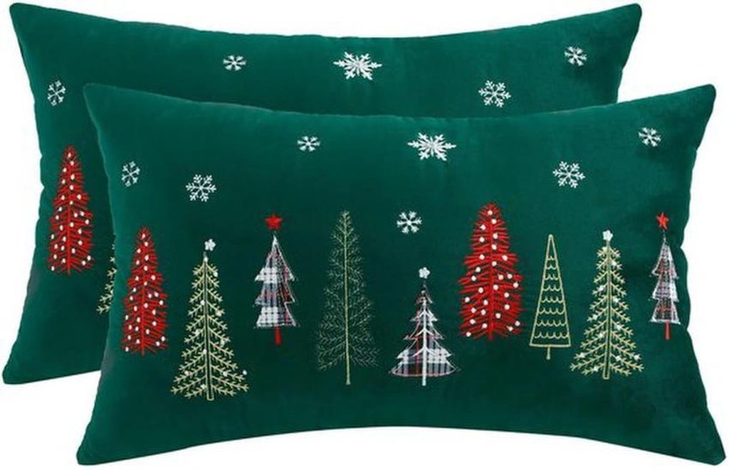 Unyqoos Set aus 2 samtigen Kissenhüllen mit Weihnachtsmotiv für festliche Dekoration
