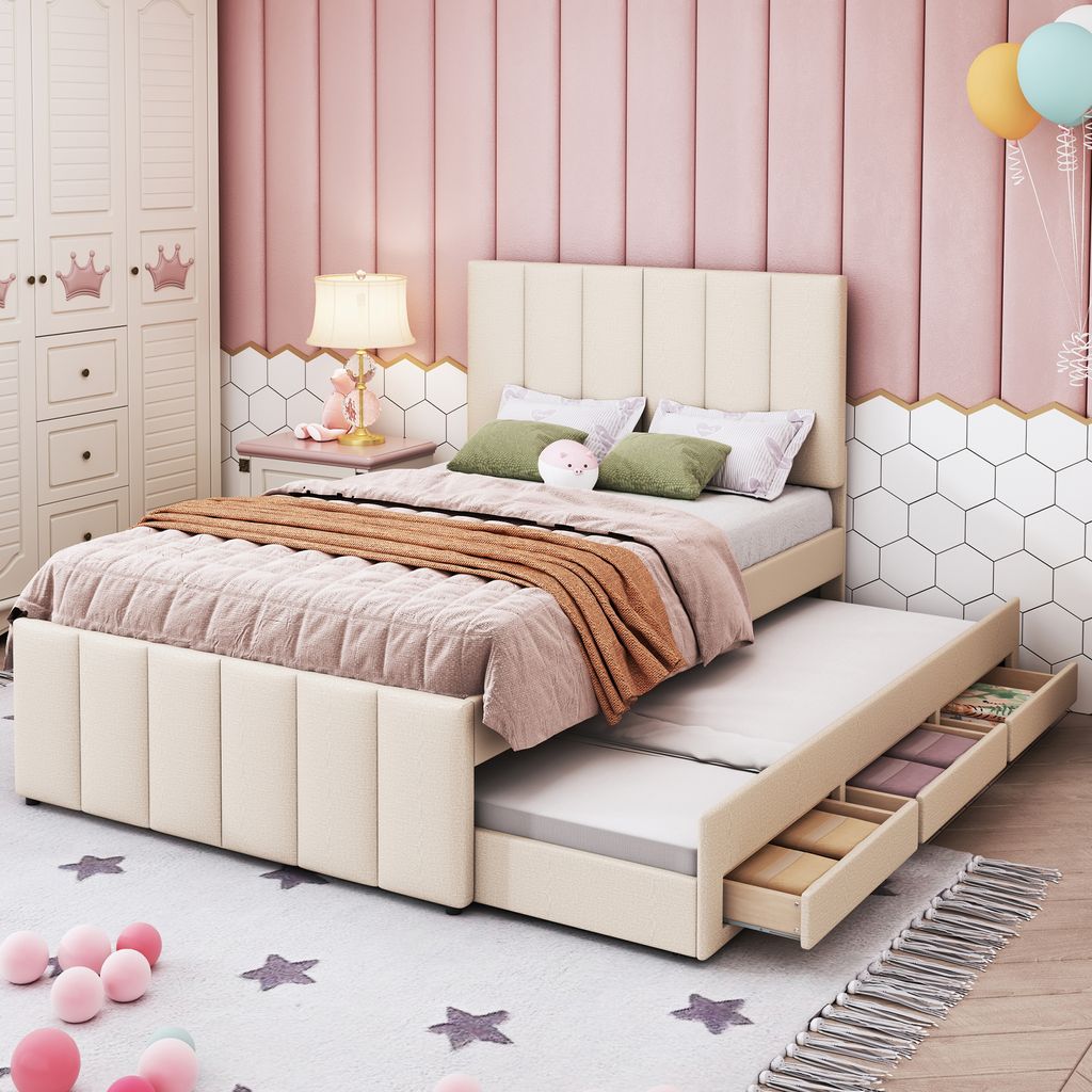 Merax Polsterbett 90x200cm mit Ausziehbett und 3 Schubladen, Leinen Doppelbett Kinderbett Jugendbett mit Lattenrost und höhenverstellbarem Kopfteil