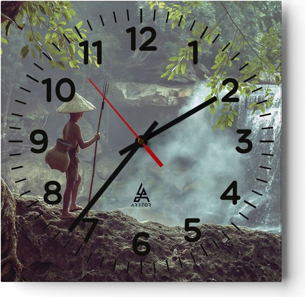 Wanduhr - Quadrat - Glasuhr - Asien Junge Wasserfall - 30x30cm - Schleichendes Uhrwerk - Lautlos - zum Aufhängen bereit - Dekoration Modern - Wand...
