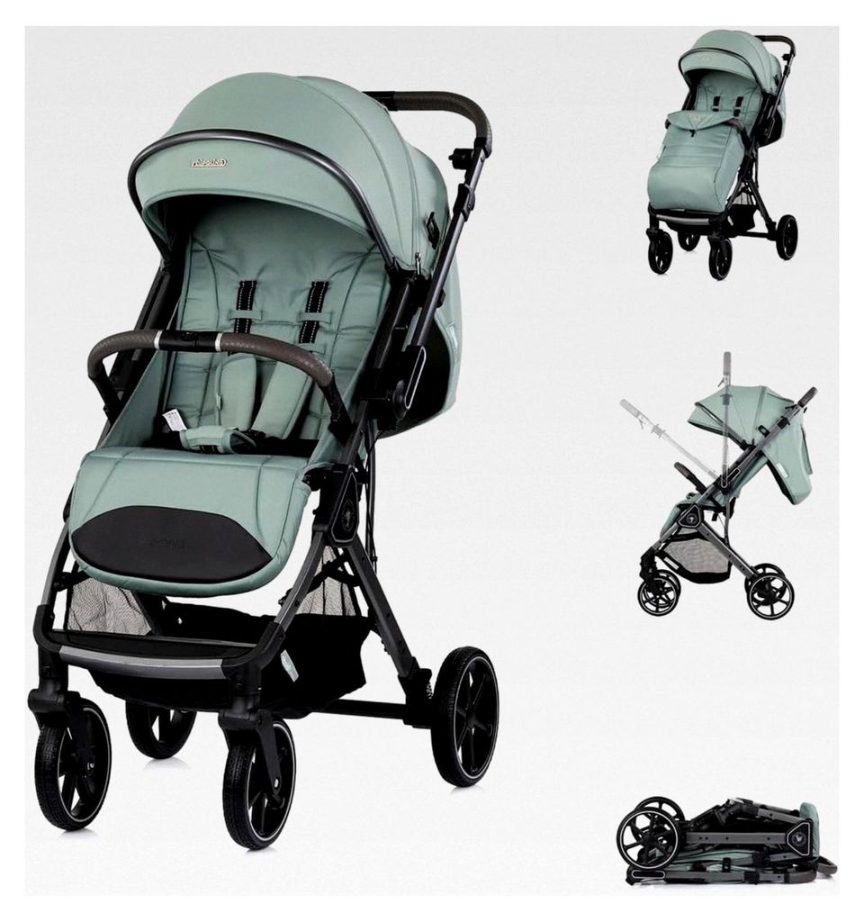 Kinderwagen Omnia mit RU-Rädern, klappbar, Stoßdämpfer, Sonnendach, Fußsack in grün