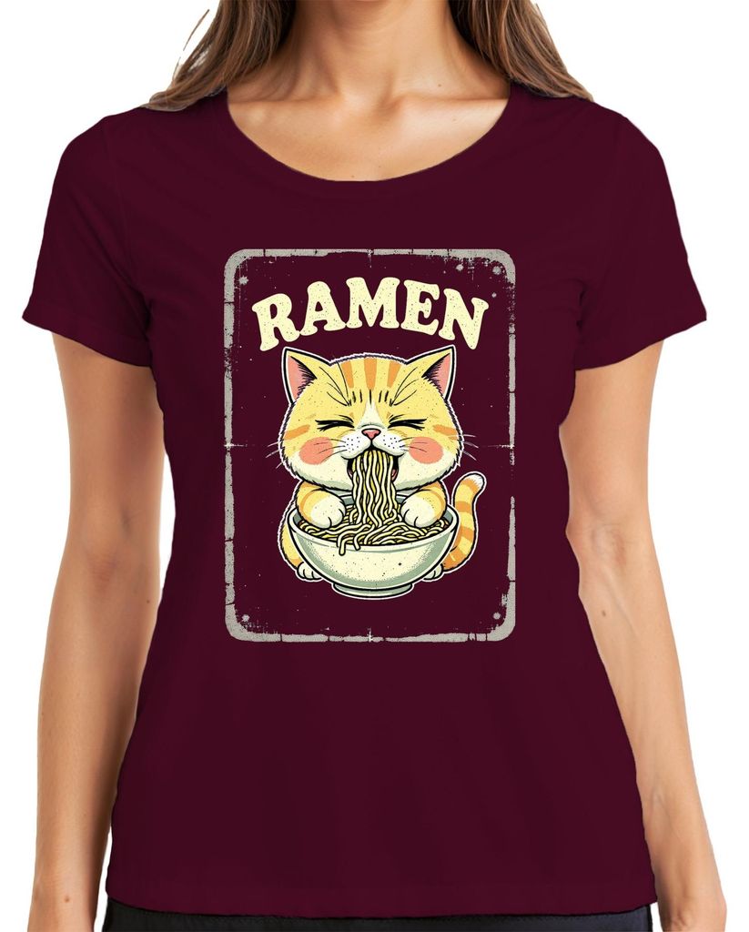 Ramen Katze Nudelsuppe Kawaii Geschenk Retro Vintage Damen T-Shirt, Burgundy, XXL
