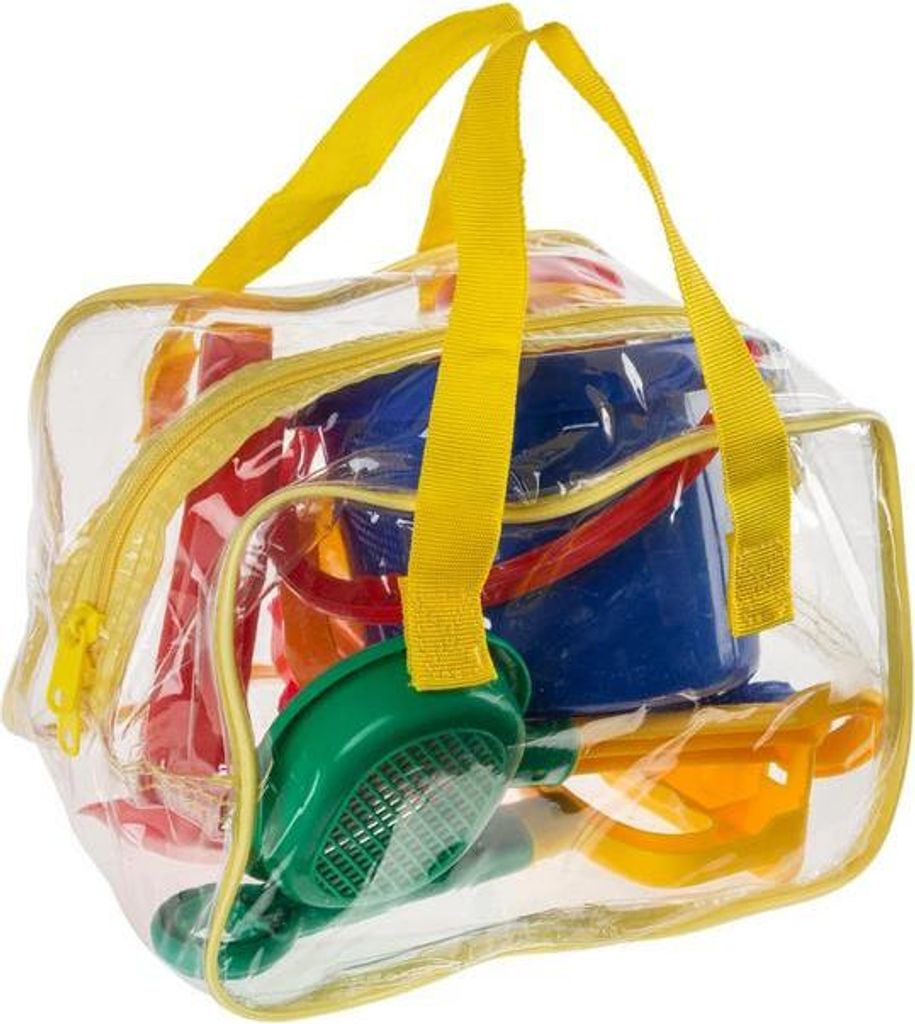 Idena 40113 - Sandspielzeug Set 8 teilig bestehend aus Eimer, 2 Sieben, Gießkanne, 2 Förmchen, kleiner Harke und kleiner Schaufel, bunt, in prakt...