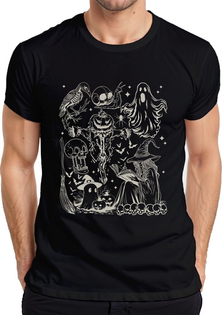Halloween Hexe liest Buch Kürbis Geister Schädel Fledermäuse Herren T-Shirt, Schwarz, XXL