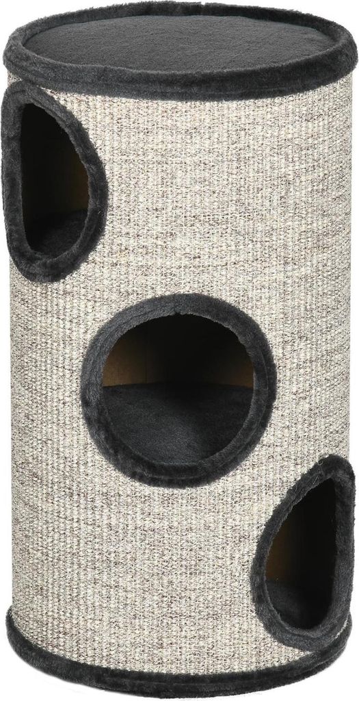 Kratztonne Spiel- Und Kratztonne Für Katzen Mit 3 Höhlen, Aus Sisal & Plüsch, Grau, Ø38X70Cm