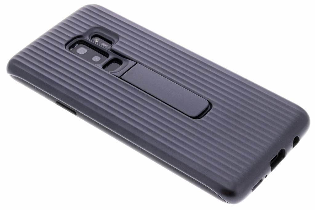 A dark gray phone case with a ribbed texture and a built-in kickstand is shown from a diagonal angle against a white background.