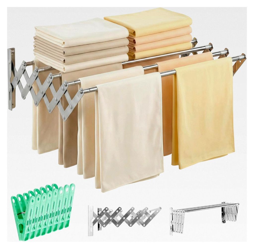 Ausziehbarer Wand-Wäscheständer 140 cm – Klappbarer Wäscheständer zur Wandmontage für Innen und Außen – 5 Edelstahlstangen, Einfache Mont...