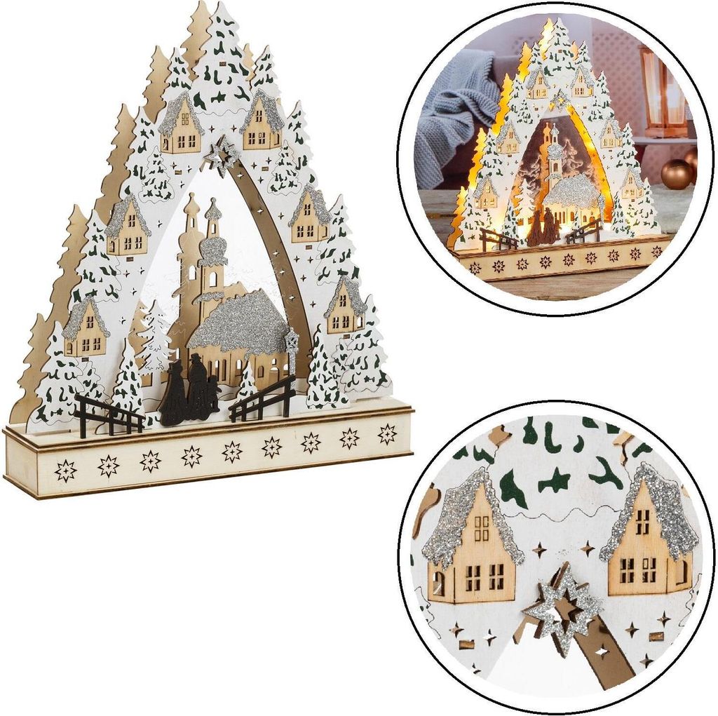 Hi Hi Weihnachtsstadt mit LED-Lichtern - Batteriebetrieben - Braun/weiß