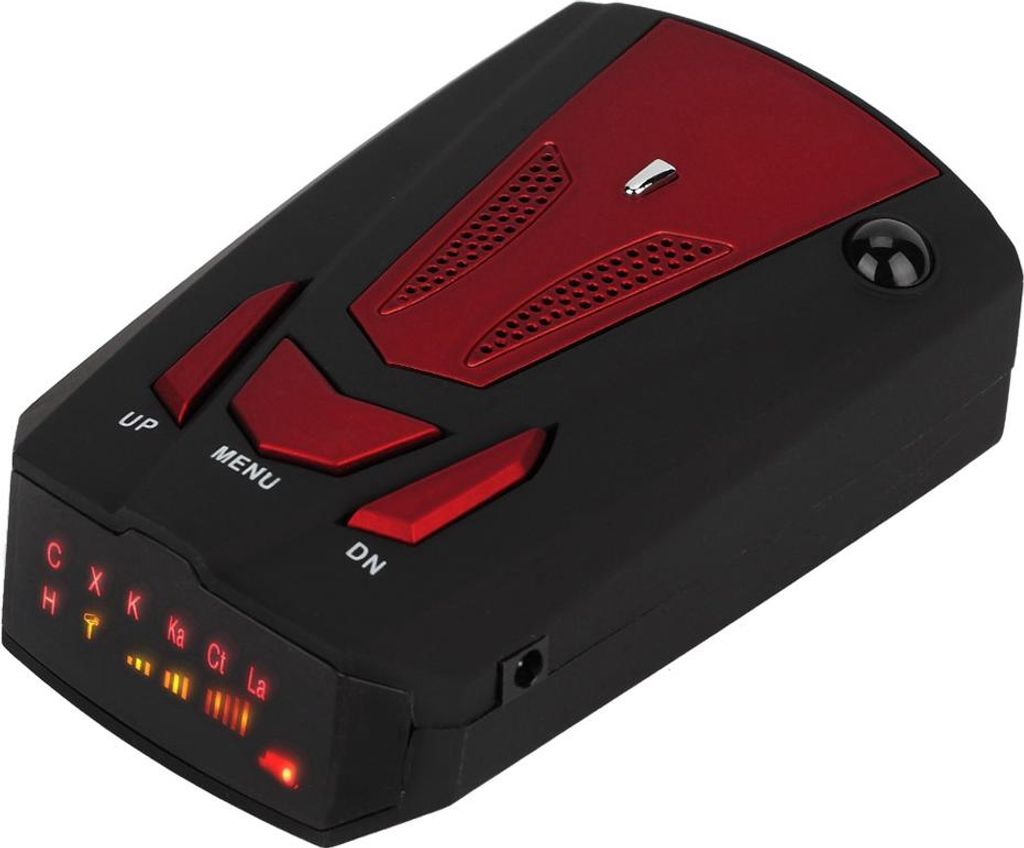 A black and red radar detector with buttons and a display.