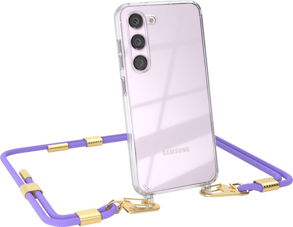EAZY CASE Handykette für Samsung Galaxy S23, Transparente Silikonhülle mit Band, Clear Case, abnehmbar in Violett