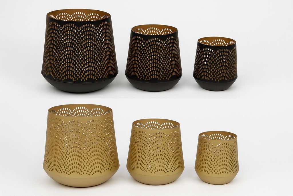 6x 3-teiliges Metall Windlicht Set schwarz/gold – elegante Deko-Laternen mit warmem Lichtschein für Wohnzimmer, Tischdekoration, Gastronomie und...