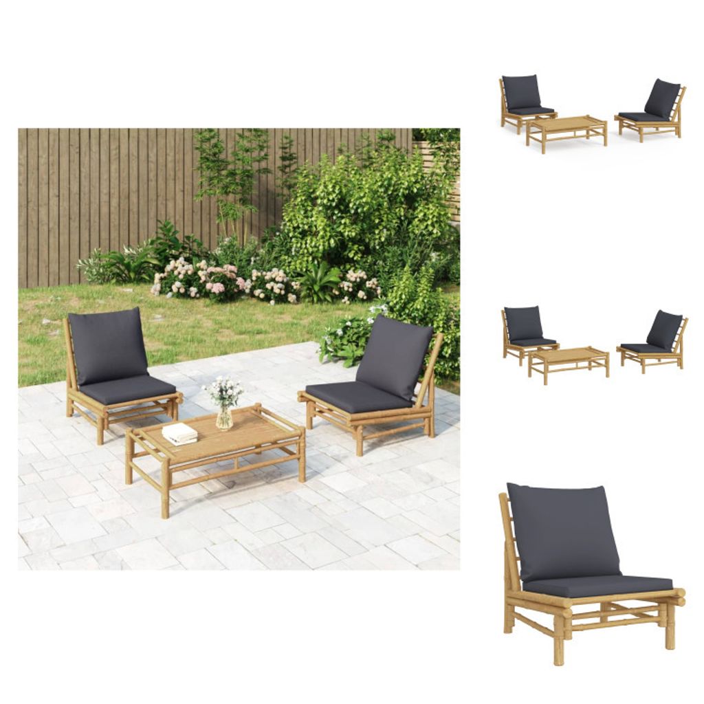 vidaXL 3-tlg. Garten-Lounge-Set mit Dunkelgrauen Kissen Bambus - Gartenmöbel-Sets