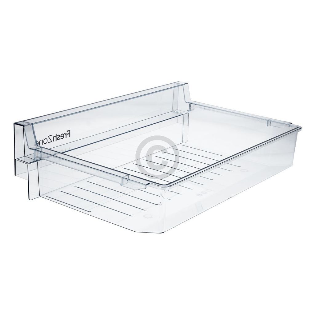 A clear plastic refrigerator drawer on a white background.