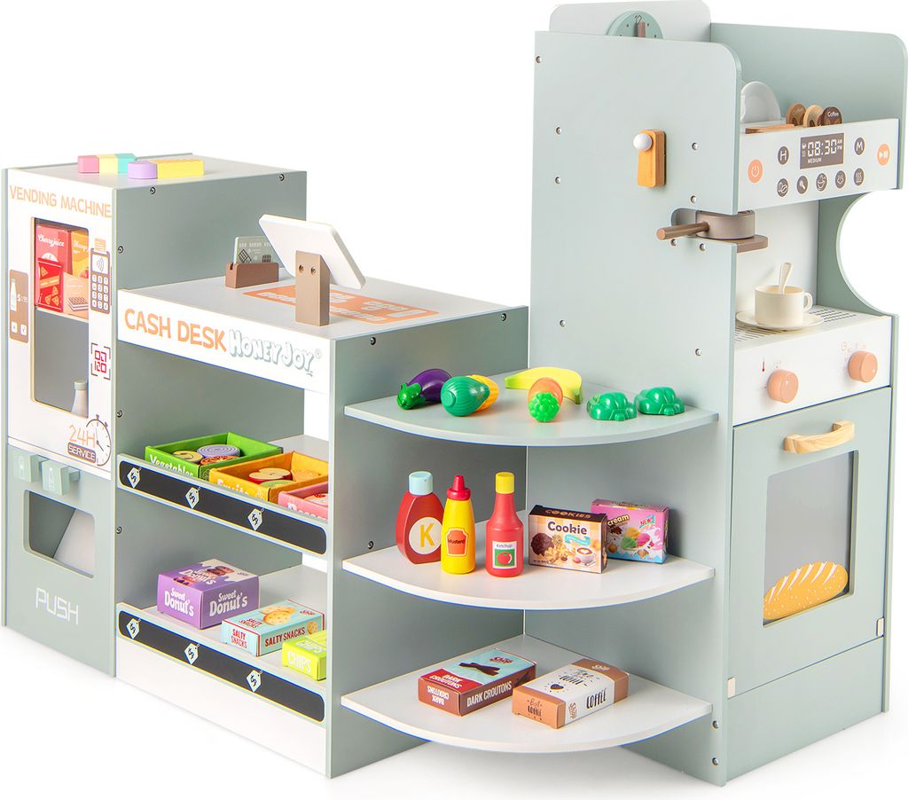 DREAMADE Kinder Supermarkt Spielset, Holz Supermarkt Spielset mit Kasse, Tafel, Verkaufsautomat, Kaffeemaschine und Spielzeug Lebensmittel Zubehör
