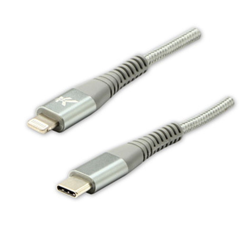 Logo USB kabel (2.0), USB C (M) - Apple Lightning M, 1m, MFi certifikat, 5V/3A, srebrny, box, oplot nylonowy, aluminiowa osłona zł