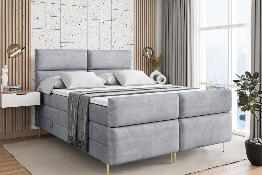 ALTDECOR Boxspringbett mit Gold Füßen, Matratze und Lattenrost, Topper, Fußteil, Polsterbett mit Bettkasten, Bett mit Stauraum H3- und H4- Matra...