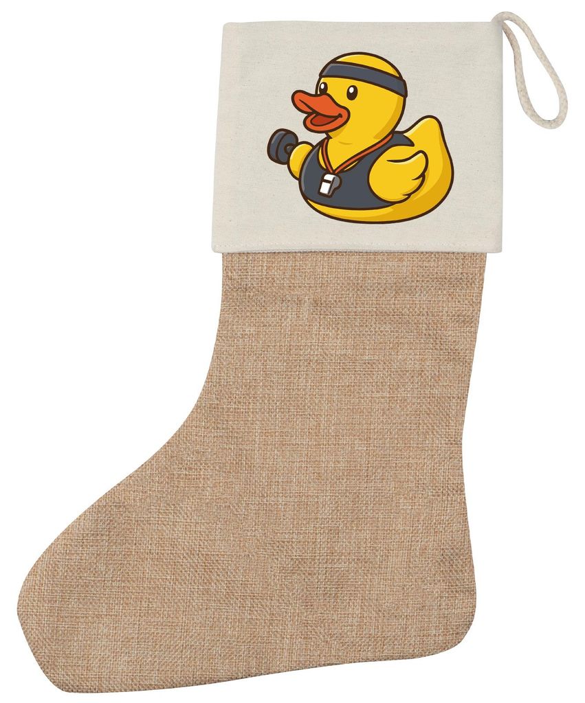 Huuraa Weihnachtsstrumpf Quietscheente Fitness-Trainer Gummiente Coach Beige Jute Kaminstrumpf Geschenkidee