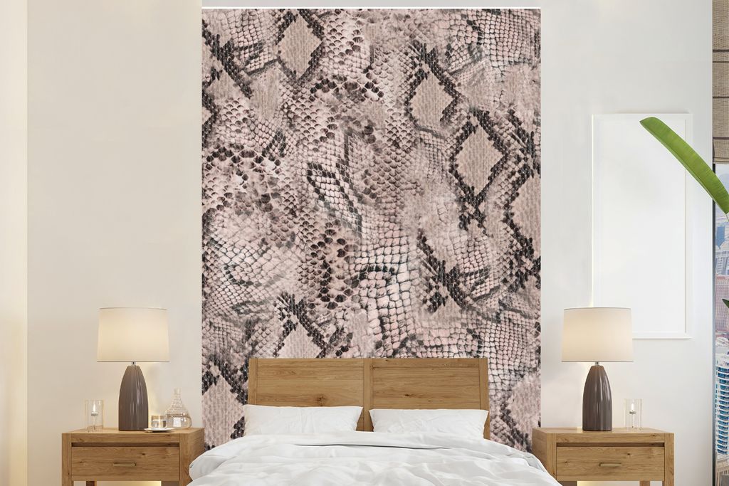 MuchoWow Fototapete für Wohnzimmer oder Schlafzimmer Wandtapete Vinyl Motivtapete Schlangendruck - Schuppen - Grau - 195x300 cm - Das Hintergrun...