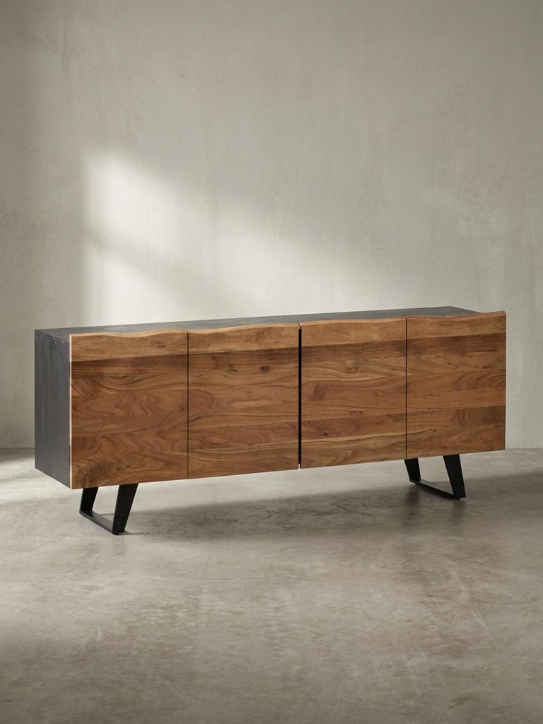 Sideboard Akazie Massivholz 180x75x45 cm Anrichte Schwarz mit Baumkante, Kommode mit Türen, Kommodenschrank Flurschrank Modern, Standschrank Wohnz...
