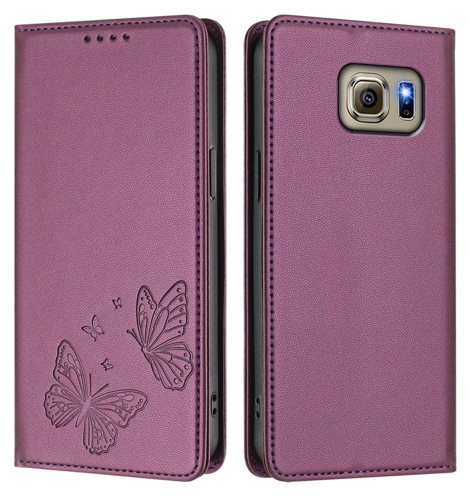 Lederhülle für Samsung Galaxy S6, Schmetterling Prägung Leder Brieftasche Schutzhülle mit Ständer Lila