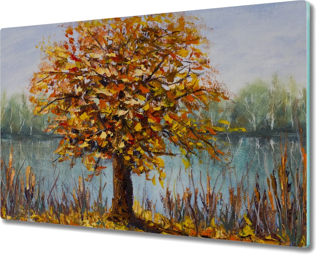 Coloray Herdabdeckplatte 80x52 cm Schneidebrett Kochplattenabdeckung Küchenbrett Hackbrett - See Baum Blätter im Herbst
