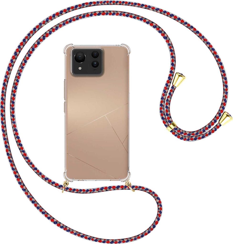 Handykette Backcover-Schutzhülle mit Band (Metall goldfarben) für Asus Zenfone 11 Ultra - silber/blau/rot