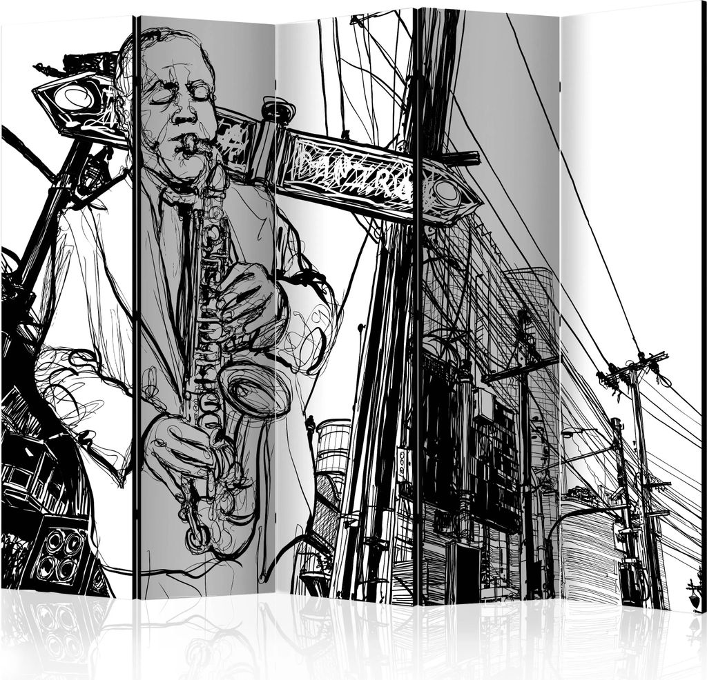 5-teiliger Doppelseitiger Vlies Paravent - Saxophone recital on Broadway II 225x172 cm Menschen h-C-0139-z-c