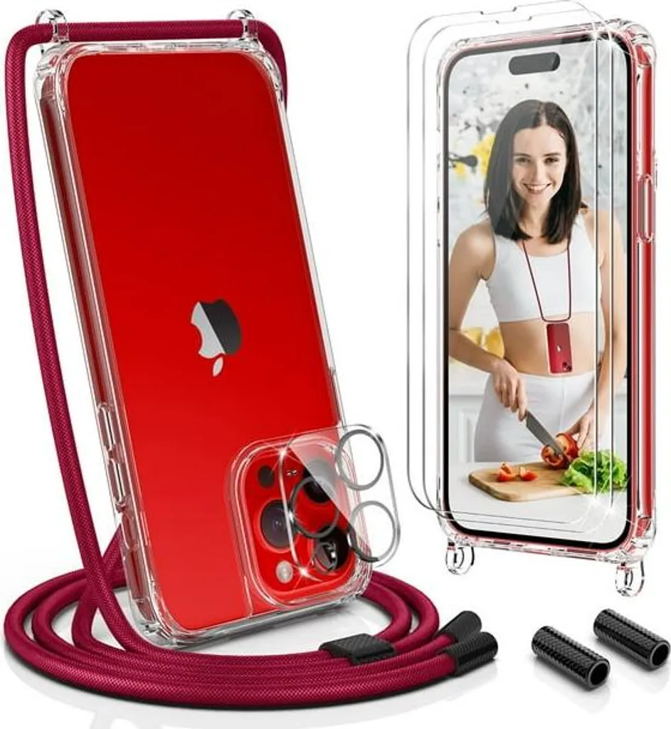 Set Di Custodie Con Laccetto Rosso Bordeaux Apple Iphone 13 Pro Max 6,7"" + 3X Vetro